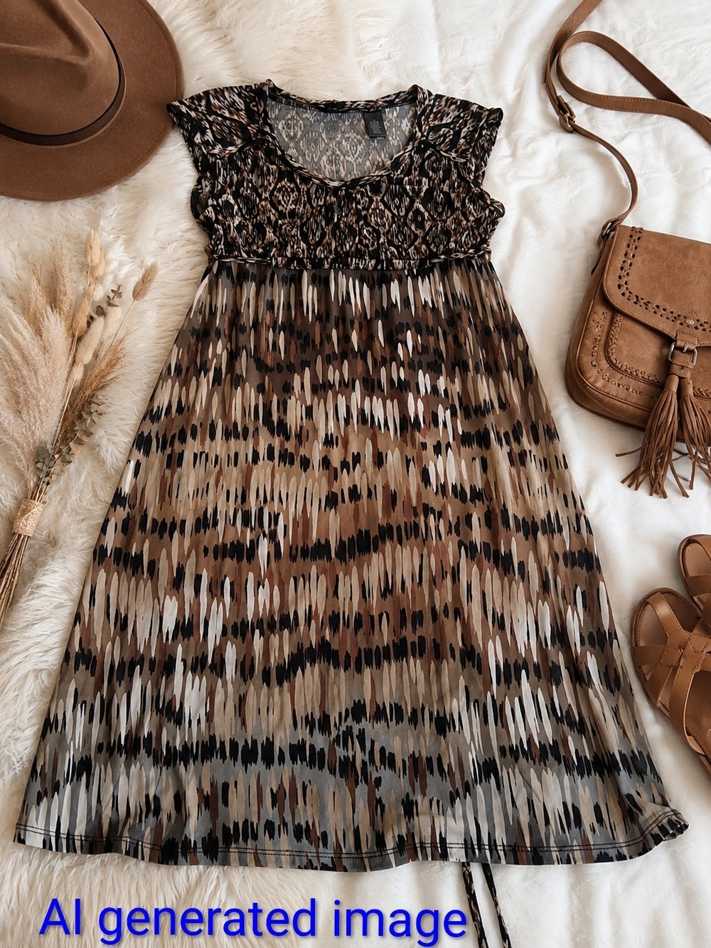 Axcess Boho Abstract Ikat Print Babydoll Tunic Dress Size M Flowy Neutral